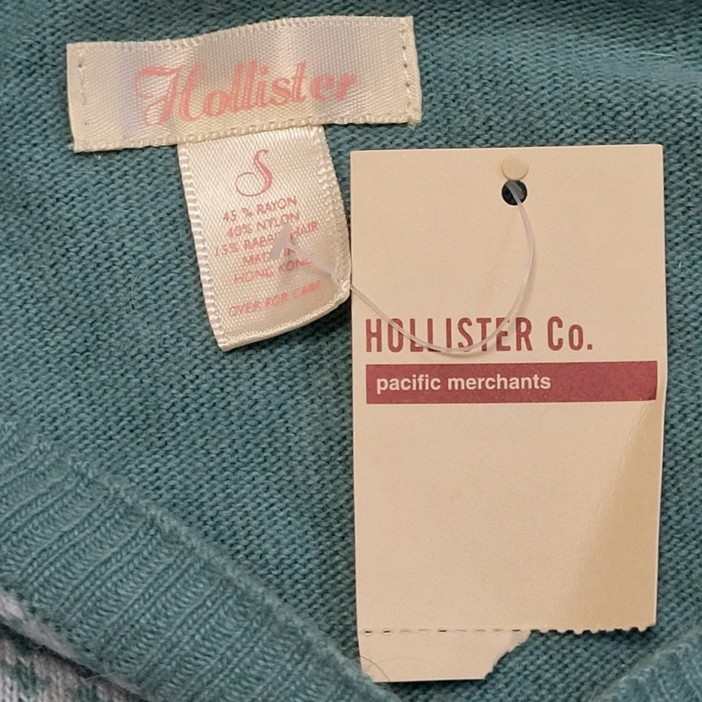 Hollister Y2K Teal Houndstooth V-Neck Tie Front Long Sleeve Sweater Small NWT